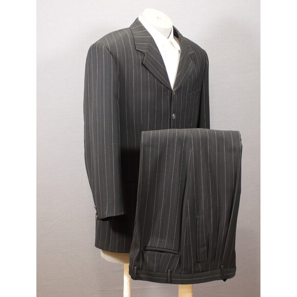 ZANETTI Mens 2 Piece Suit Black Striped 5 Btn Wool 44R Pleated Fronts 34" W - Picture 2 of 14
